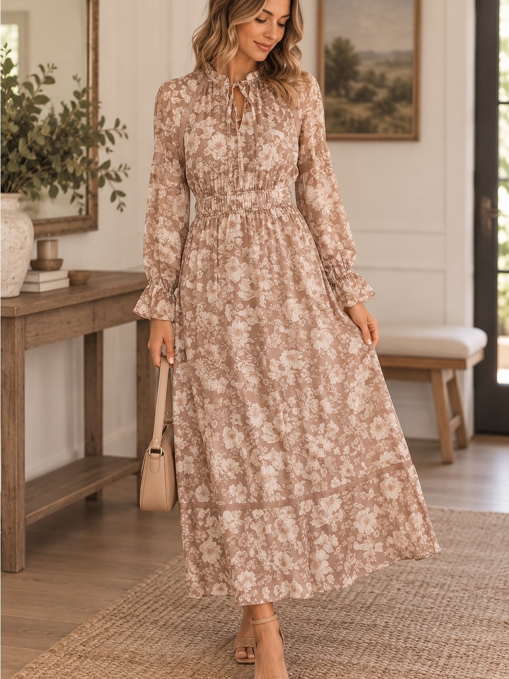 NWOT! Forever 21 Blush Floral Tie-Neck Smocked Maxi Dress